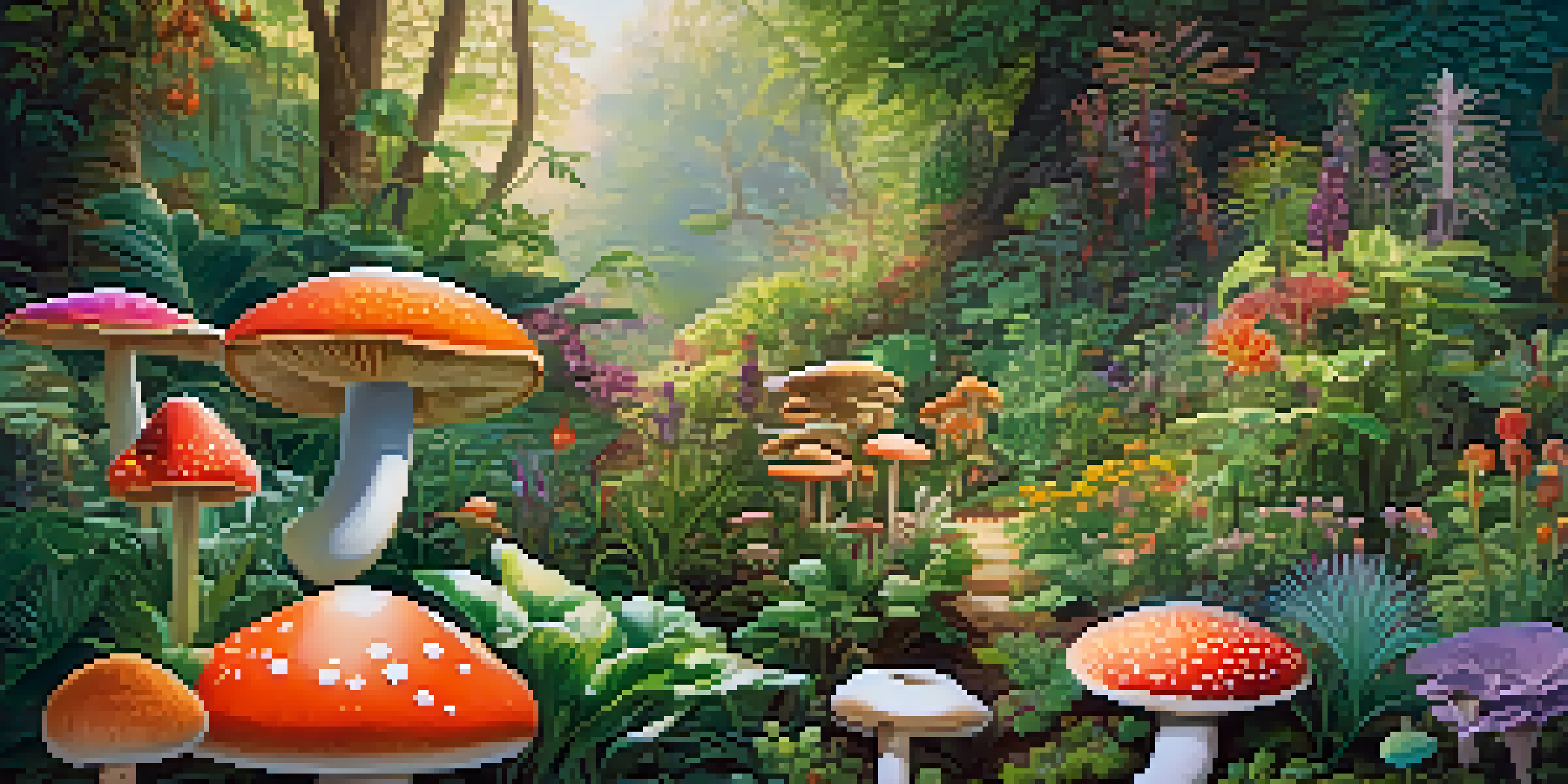 A colorful garden filled with various hallucinogenic plants, illuminated by gentle morning light.