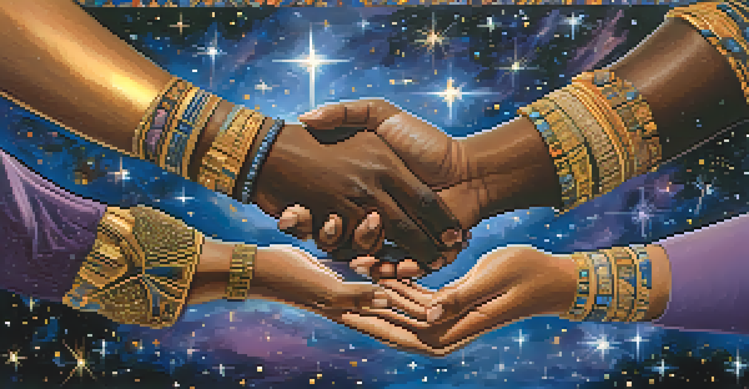 Diverse hands reaching out towards each other against a starry cosmic background, showcasing unity and cultural diversity.