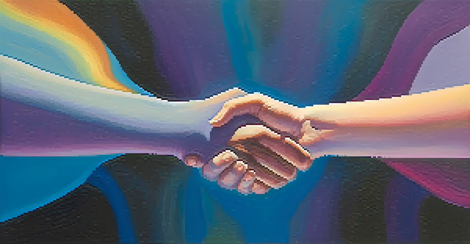 An abstract image of colorful hands reaching towards each other, symbolizing empathy and connection in a safe environment.