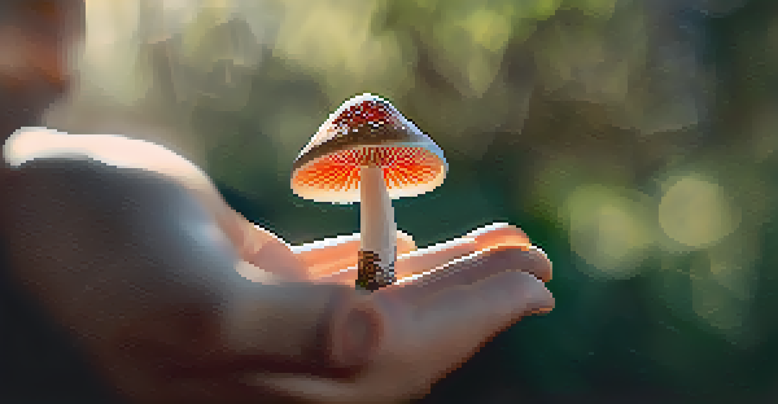 A close-up image of a person holding a mushroom, set against a blurred natural background with greenery.