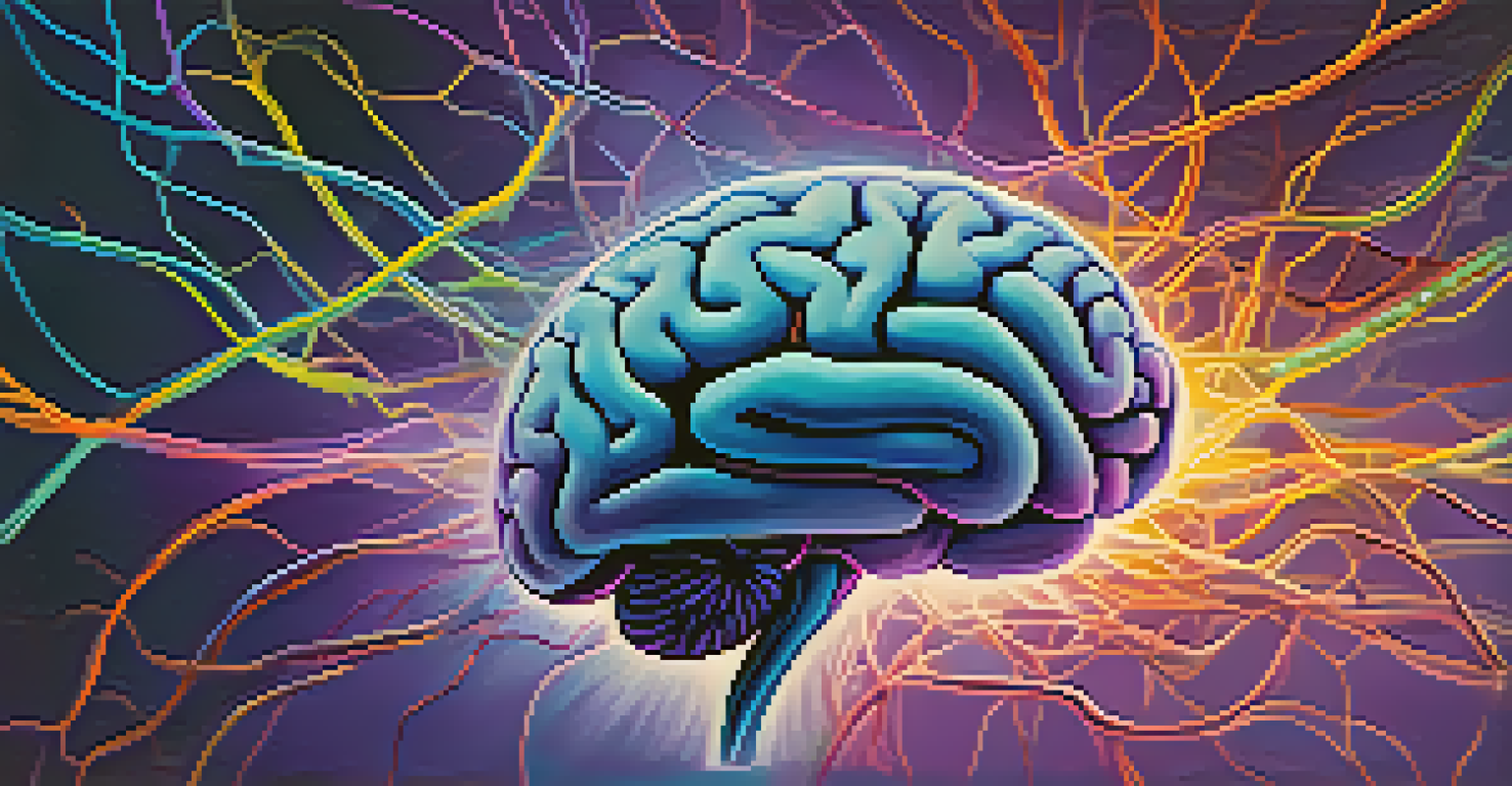 An abstract image of a human brain with glowing serotonin receptors, showcasing neural pathways in vibrant colors against a gradient background.