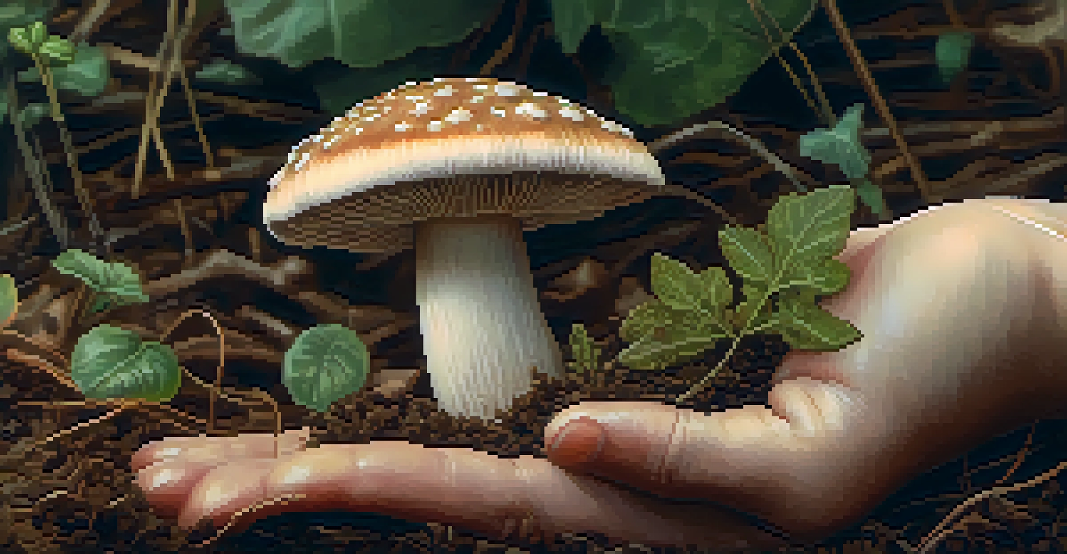 A close-up of a hand holding a mushroom, showcasing its details and natural environment.