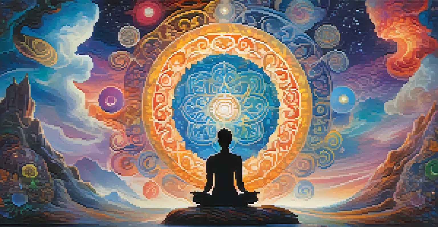 An abstract dreamscape with swirling colors, meditating figures, and spiritual symbols.