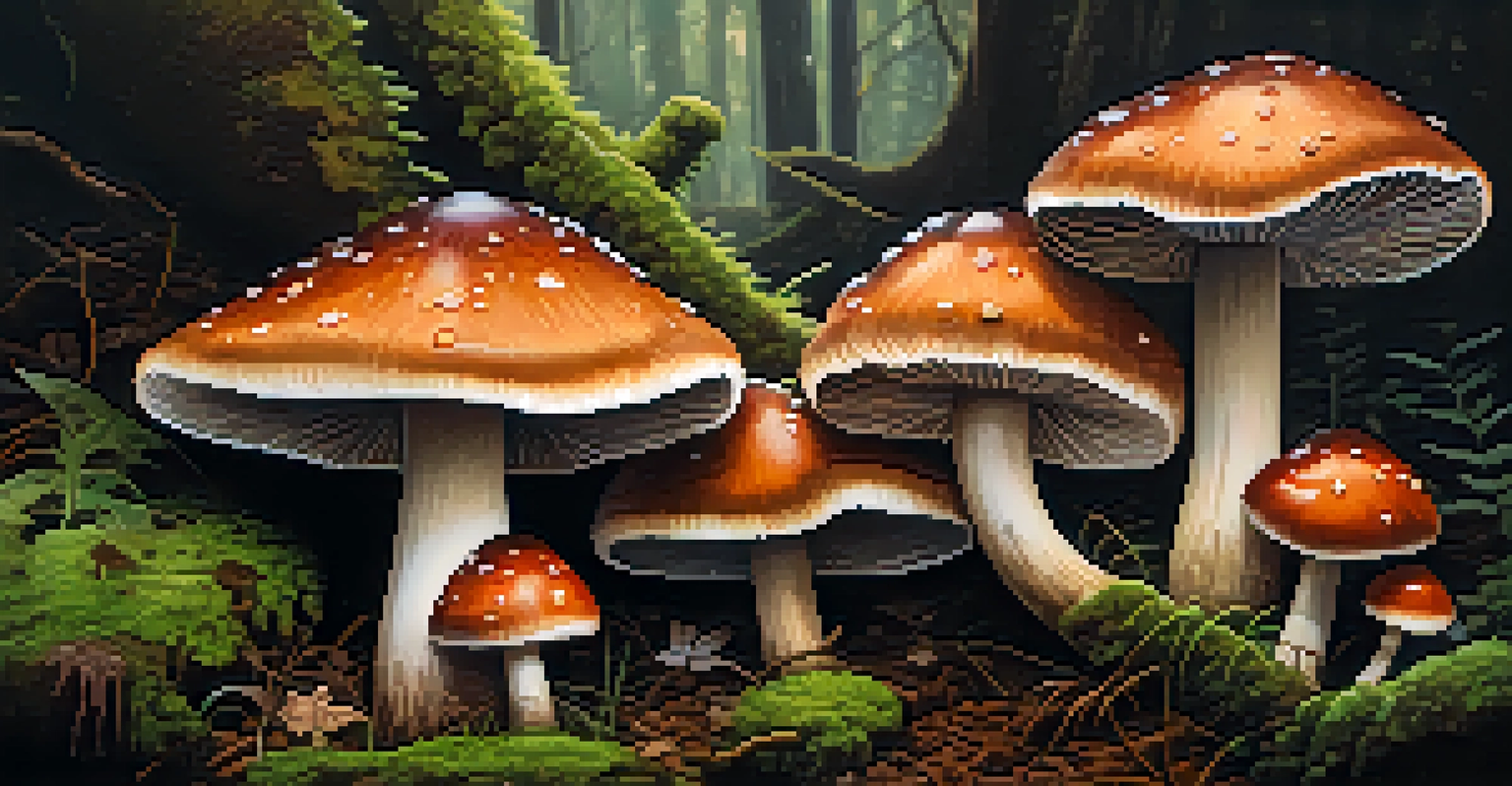 A close-up view of colorful mushrooms in a woodland setting, surrounded by moss and soil, with dew drops glistening on the caps.