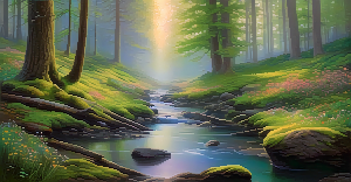 A peaceful forest at dawn with sunlight filtering through trees, green moss on the ground, blooming wildflowers, and a clear stream.