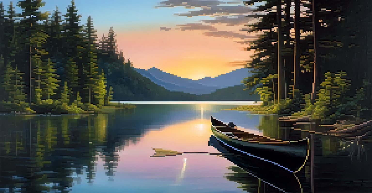 A calm lake at dusk with a canoe and person, reflecting the colorful sky and surrounded by trees.