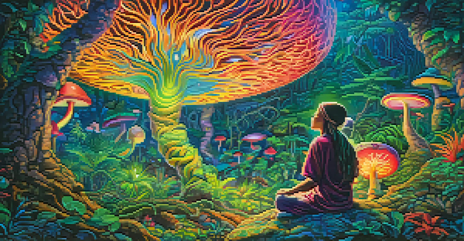 A vibrant display of psychedelic plants intertwined with a softly blurred image of a person meditating, surrounded by colorful swirling patterns.