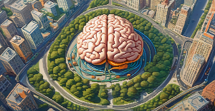 A colorful illustration of a brain resembling a busy city, with roads connecting different areas, illuminated by golden light.