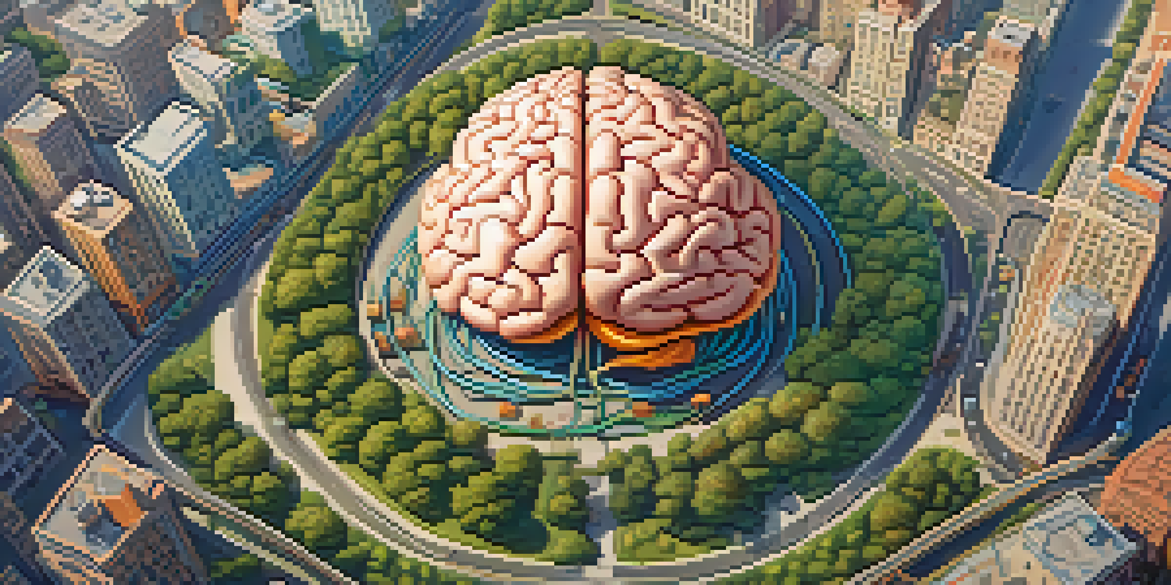 A colorful illustration of a brain resembling a busy city, with roads connecting different areas, illuminated by golden light.