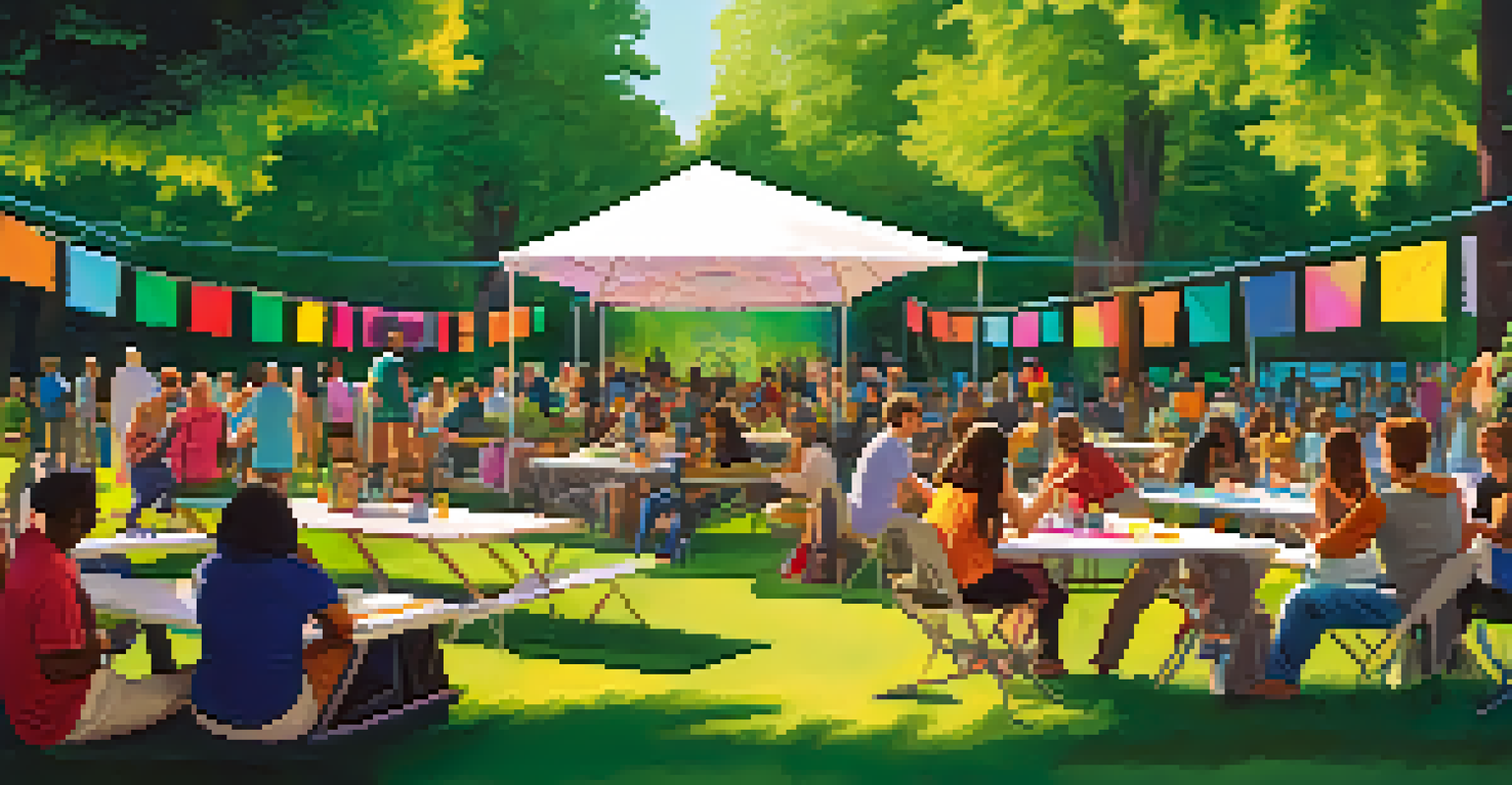 A diverse group of people in an urban park, engaged in a community event about psychedelics, surrounded by greenery and colorful banners.