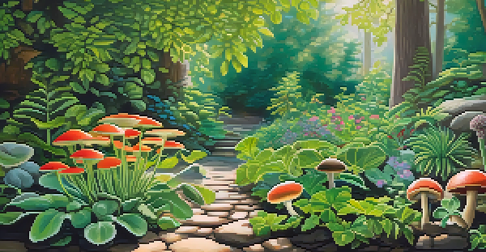 A tranquil garden filled with vibrant hallucinogenic plants, illuminated by soft sunlight with dappled shadows on the ground.