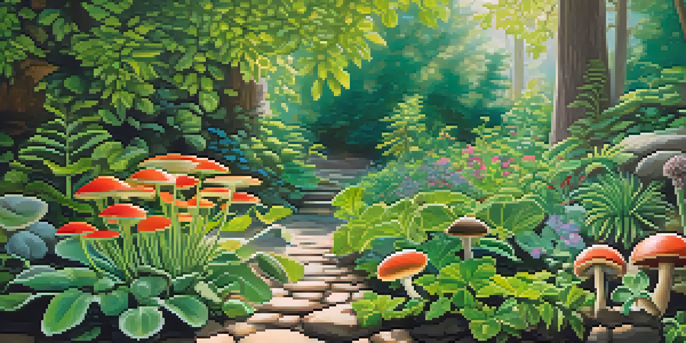 A tranquil garden filled with vibrant hallucinogenic plants, illuminated by soft sunlight with dappled shadows on the ground.