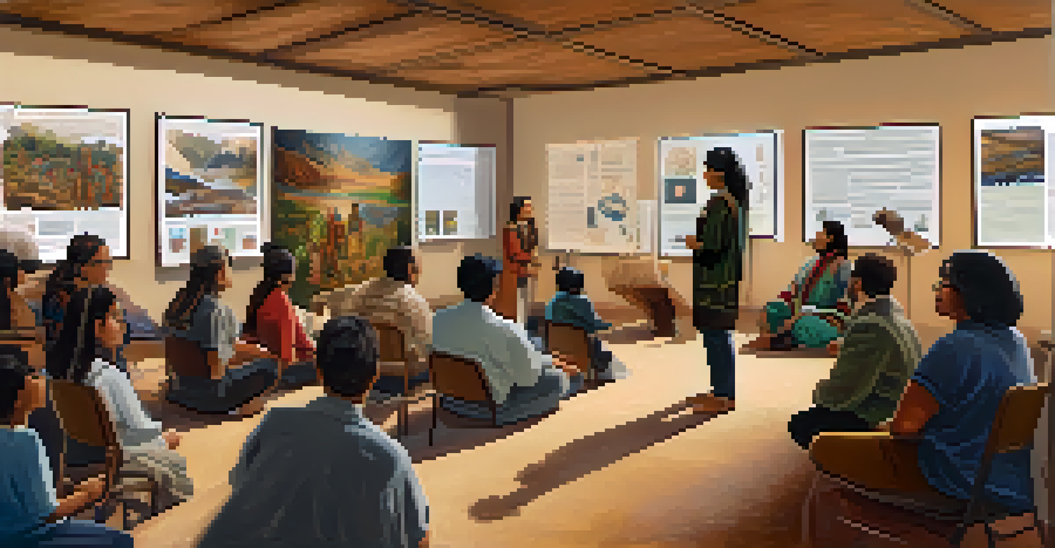 A workshop setting with researchers learning about cultural sensitivity from an indigenous elder, surrounded by informative posters.
