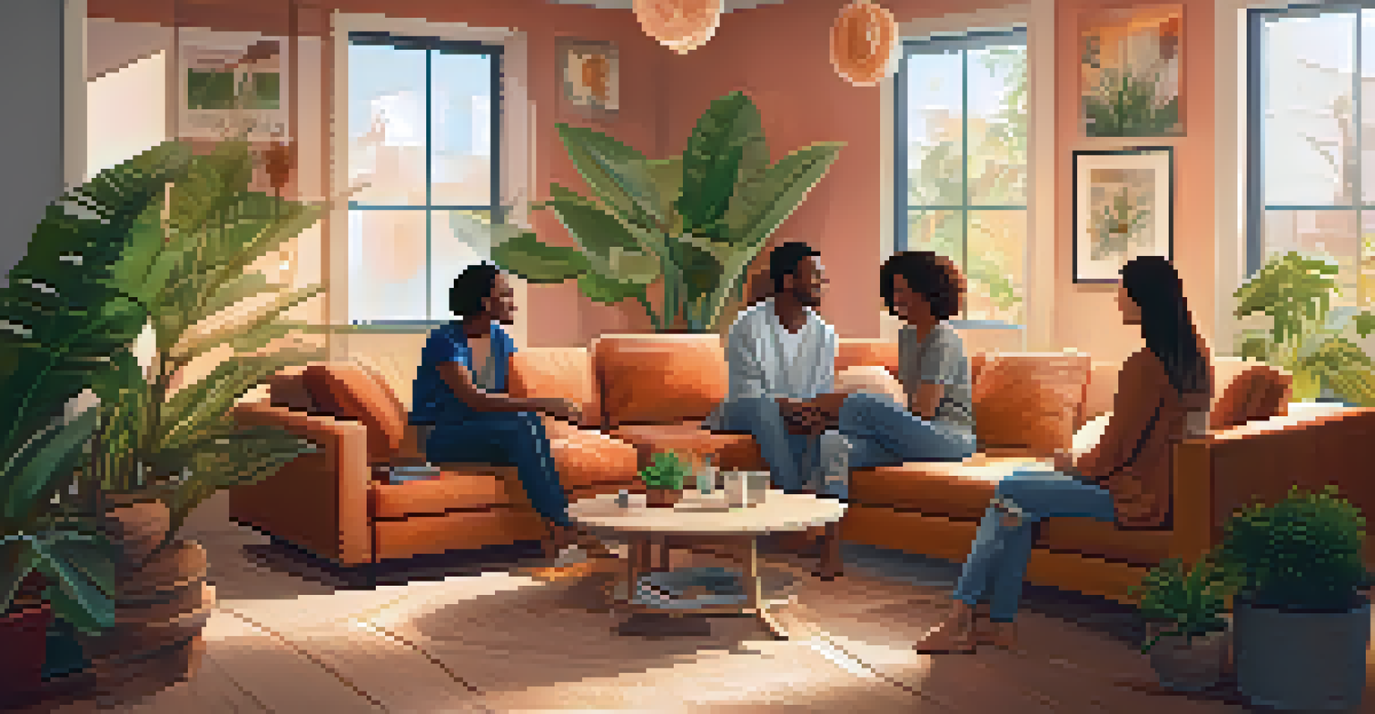 A cozy indoor space with friends sitting in a circle, surrounded by warm lighting and plants, fostering a sense of community.