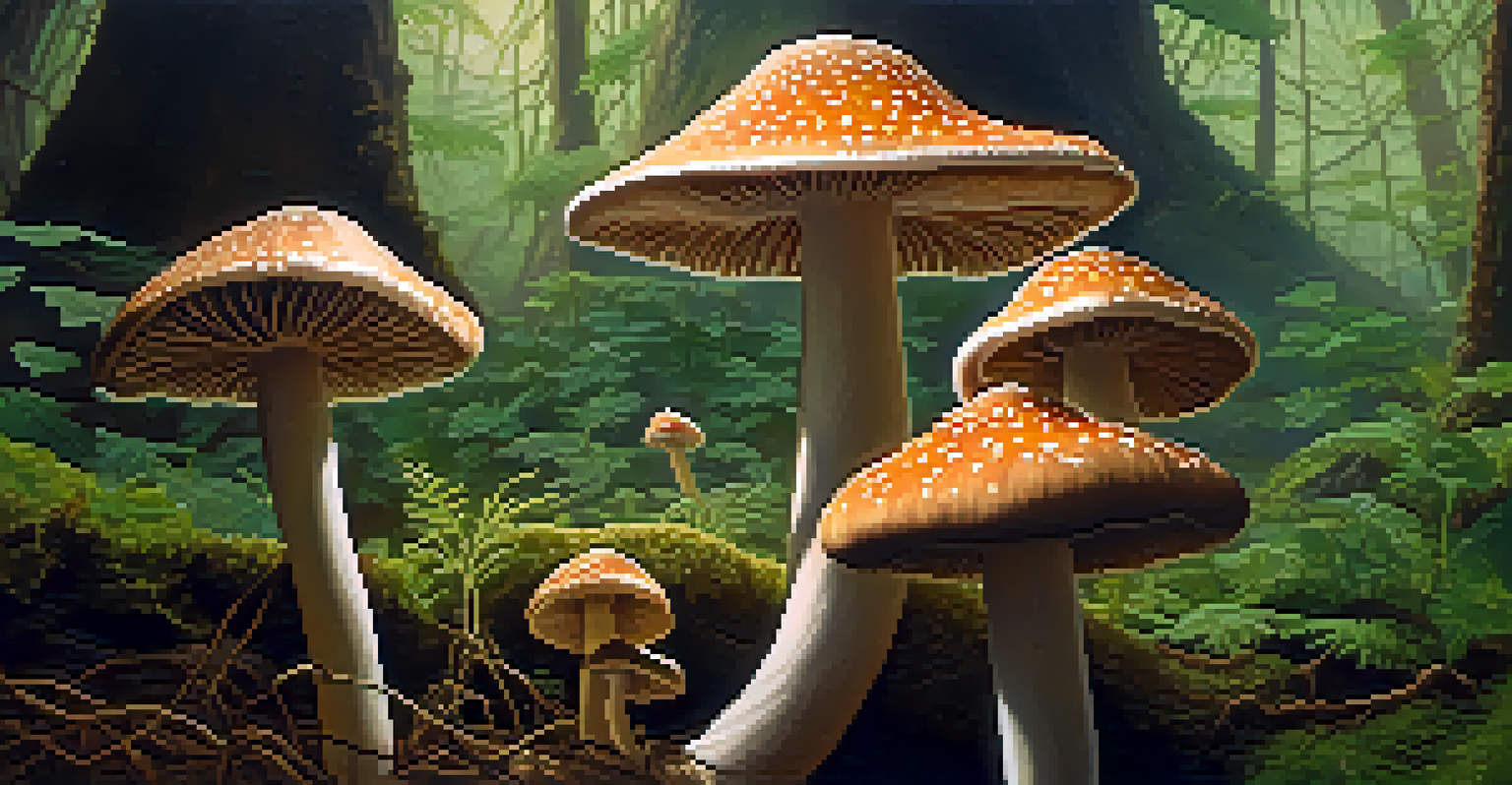 Close-up of psilocybin mushrooms in their natural habitat, surrounded by lush greenery and dappled sunlight, highlighting their unique textures.
