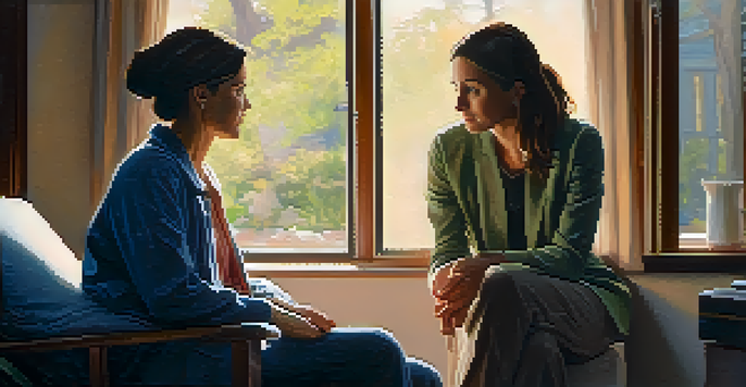 A therapist and patient in a warm, inviting room, engaged in a deep and empathetic conversation.