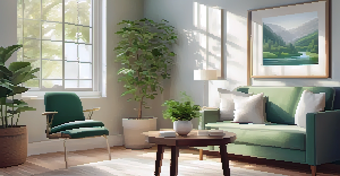 A peaceful therapy room with natural light, comfortable seating, and calming decor.