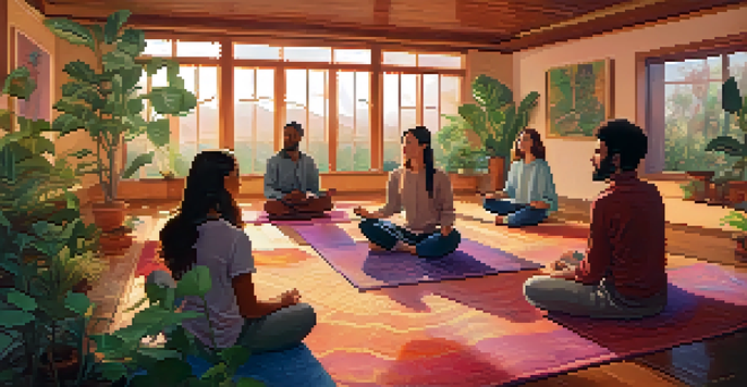 A group of diverse individuals sitting in a cozy room, engaged in a guided meditation with soft lighting and calming plants around them.