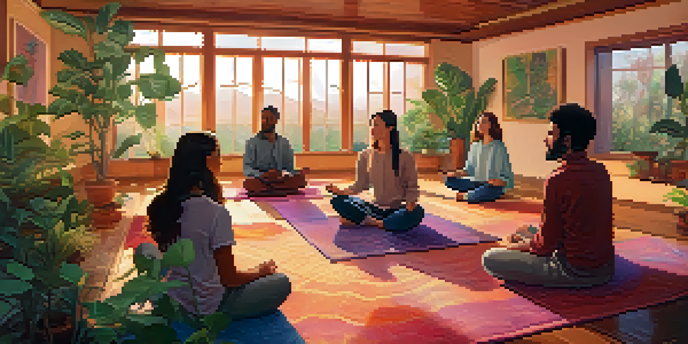 A group of diverse individuals sitting in a cozy room, engaged in a guided meditation with soft lighting and calming plants around them.