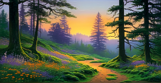 A peaceful forest path at dusk, with golden light filtering through trees and vibrant wildflowers.