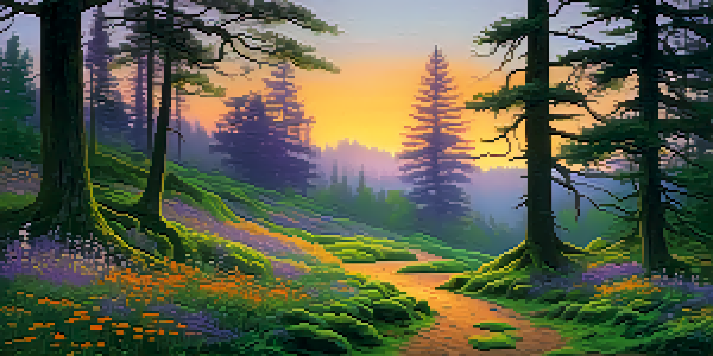 A peaceful forest path at dusk, with golden light filtering through trees and vibrant wildflowers.