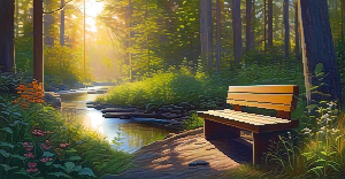 A tranquil forest scene with sunlight filtering through trees, a gentle stream, and a wooden bench surrounded by wildflowers.