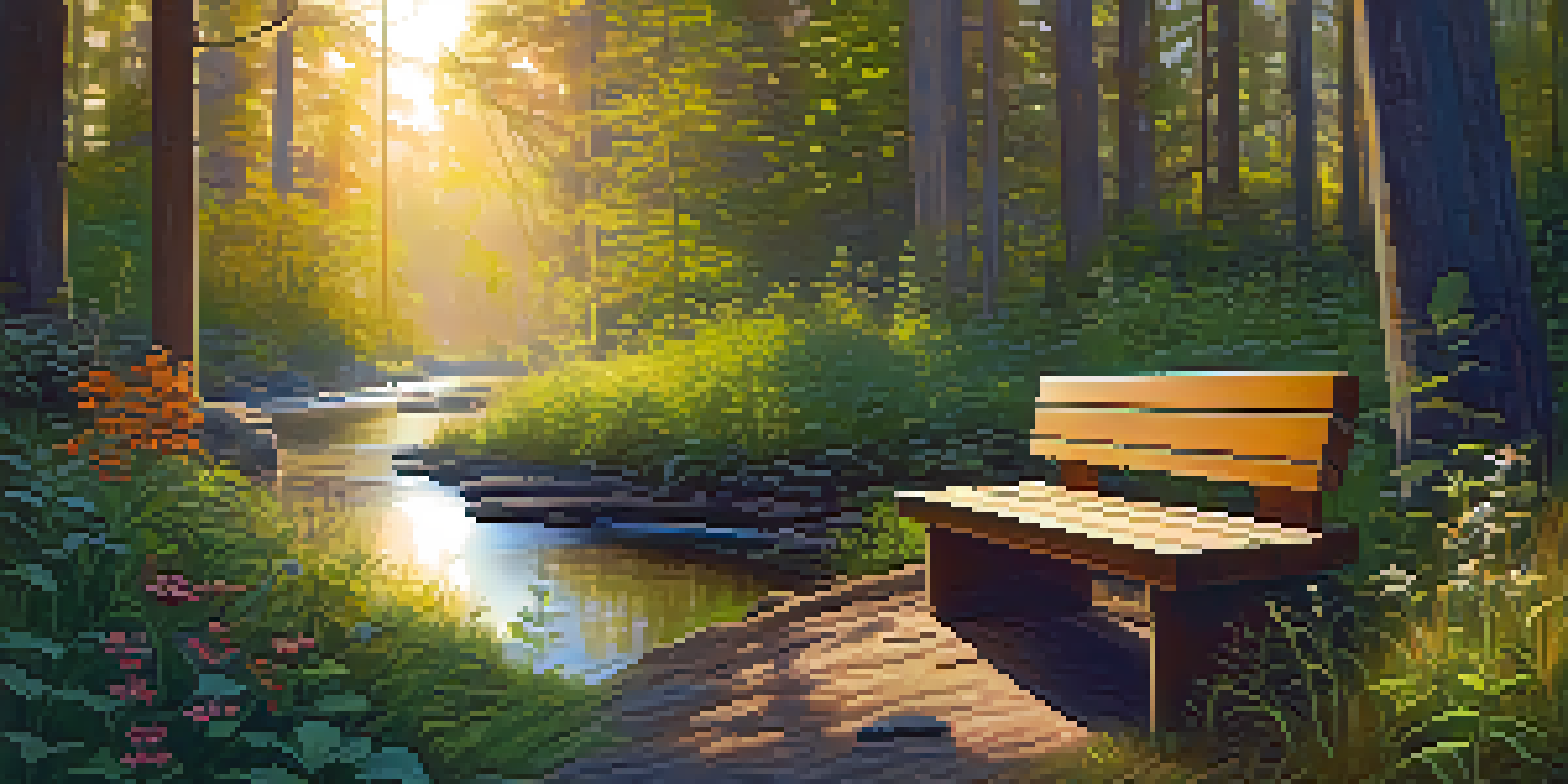 A tranquil forest scene with sunlight filtering through trees, a gentle stream, and a wooden bench surrounded by wildflowers.