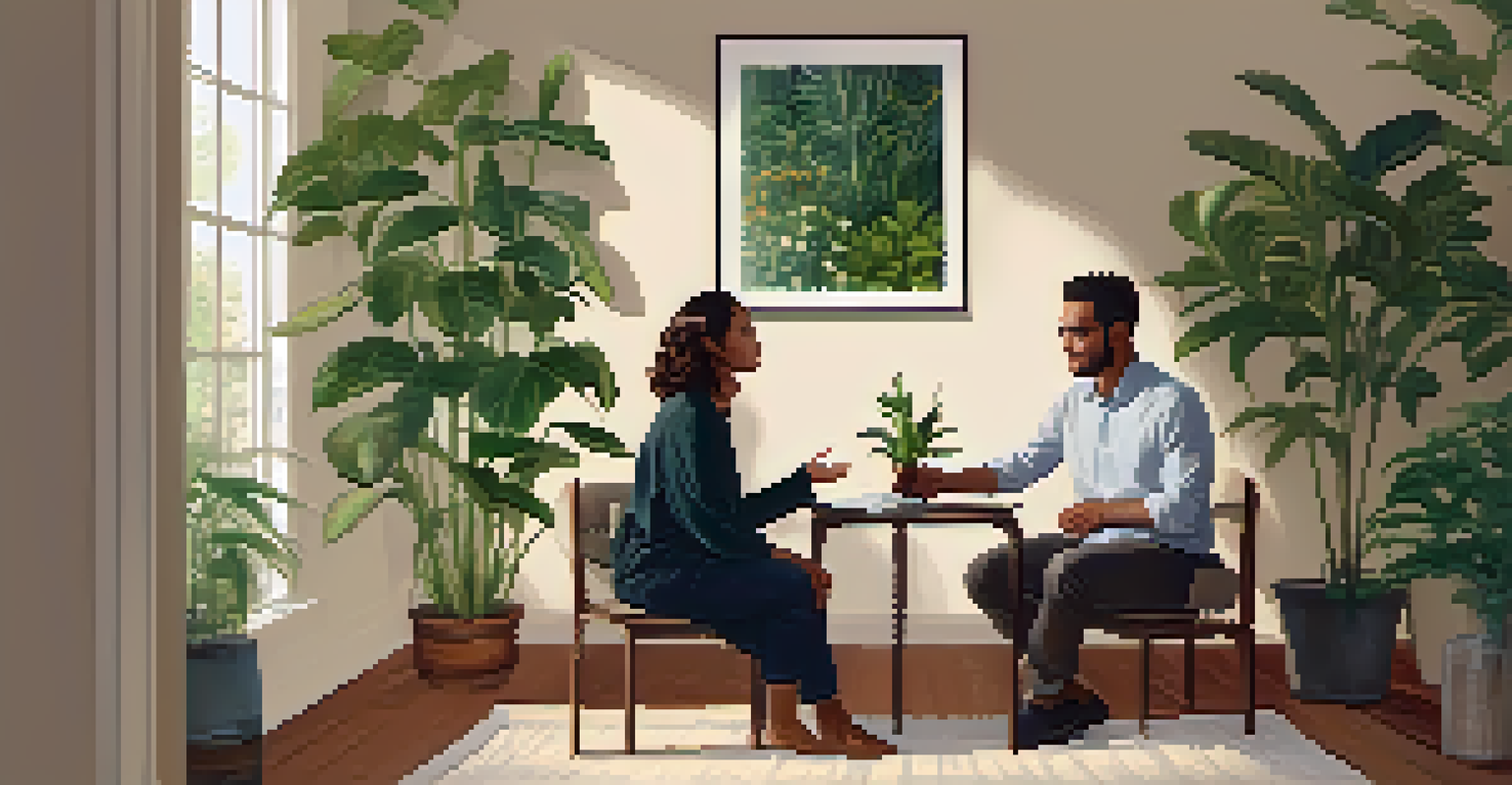 A therapist and client in a cozy room, with plants and art, showcasing a moment of emotional connection.