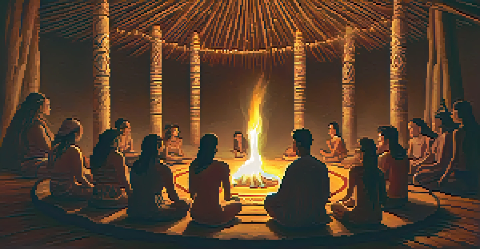Participants sit in a circle around a fire during an ayahuasca ceremony, with a shaman leading, surrounded by handmade crafts and natural decor.