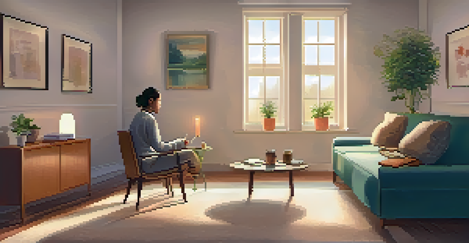 A warm therapy room with a therapist and client engaged in conversation, creating a nurturing environment.