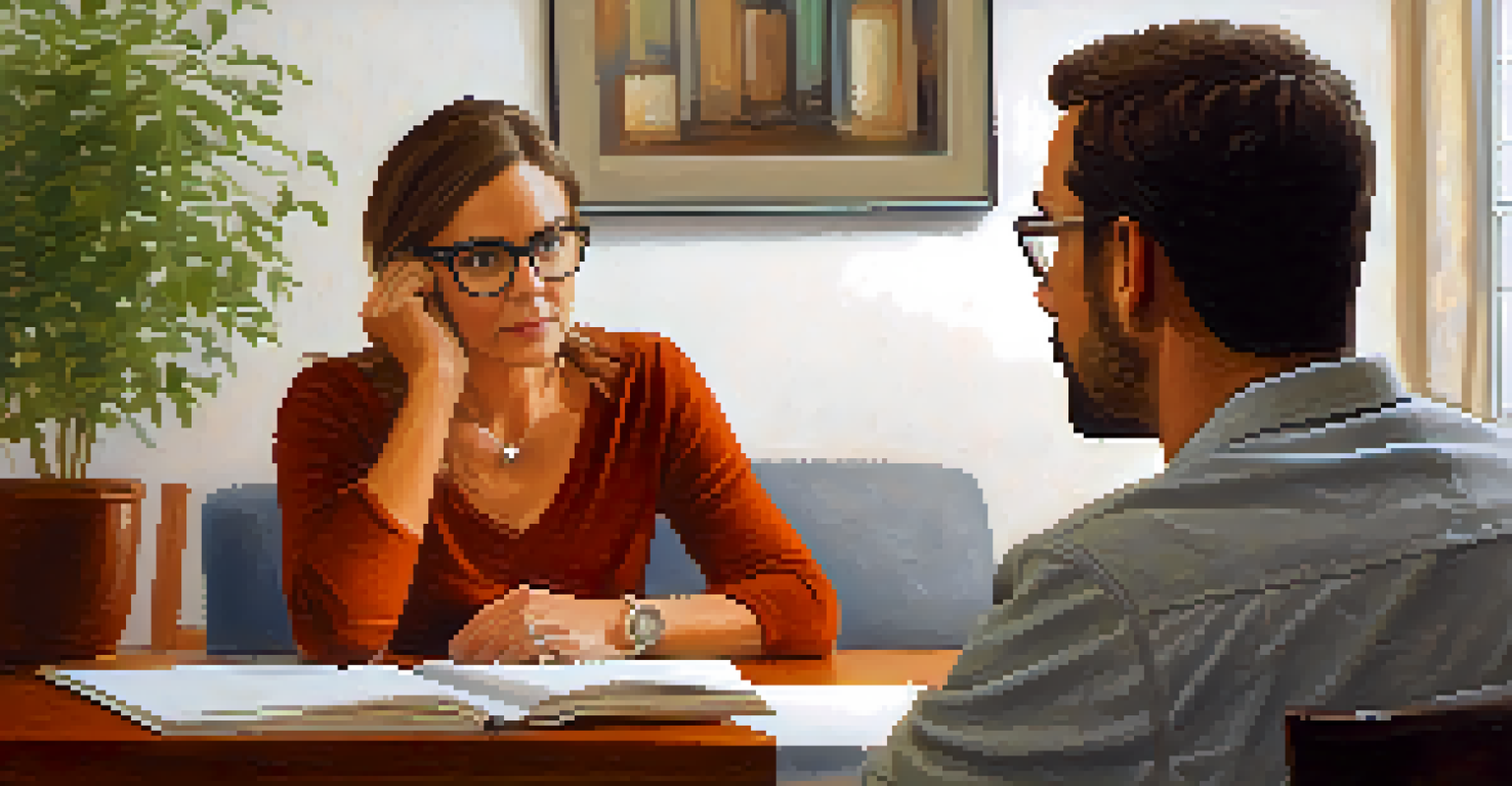 A therapist and client in a warm, supportive setting, engaged in a deep conversation during a therapy session.