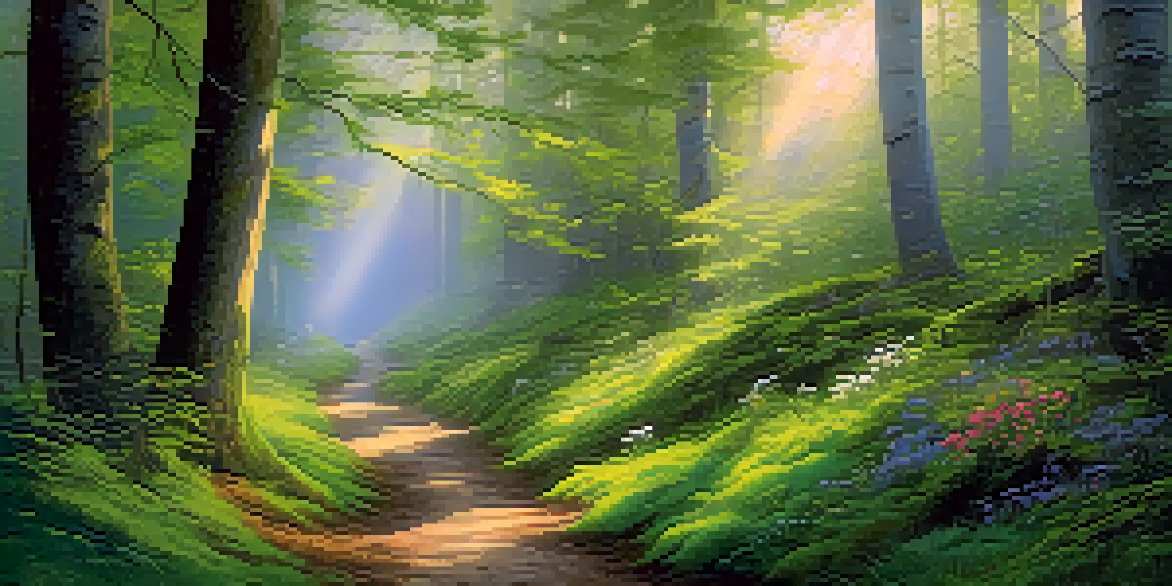 A peaceful forest at dawn with sunlight shining through trees, moss-covered ground, and a misty atmosphere.