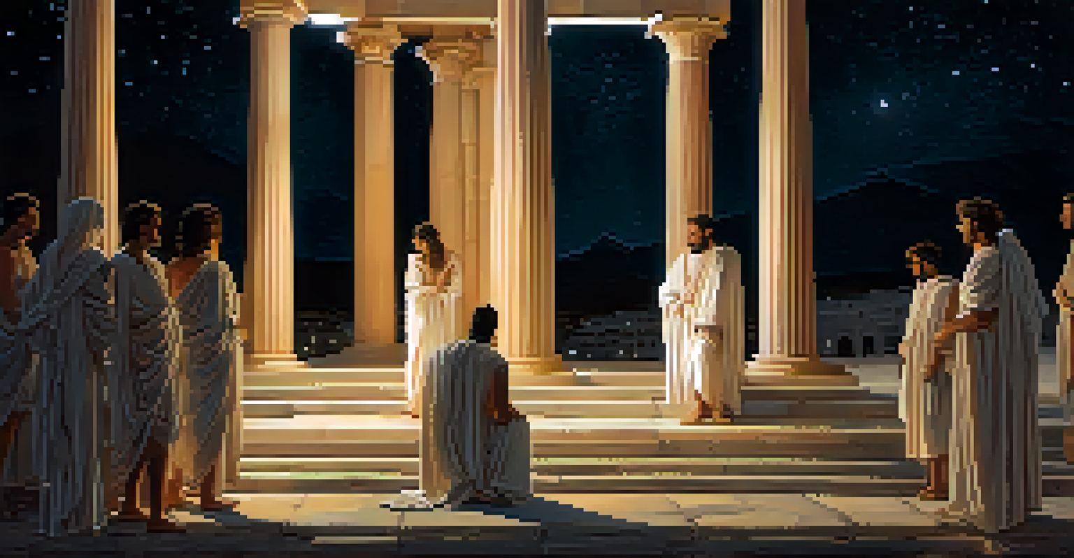 Participants in white robes engaged in a mystical ritual in an ancient Greek setting under a starry night sky.