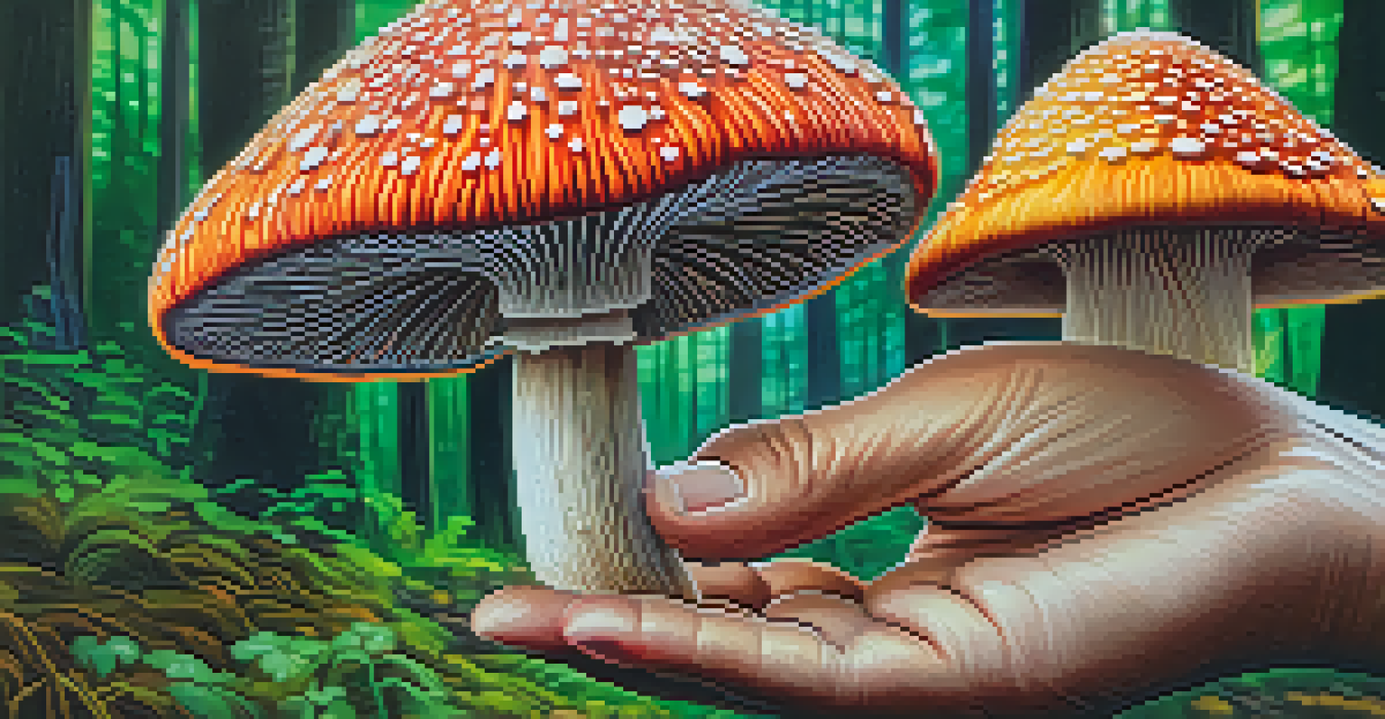 A close-up of a hand holding a colorful psychedelic mushroom with a blurred forest background.