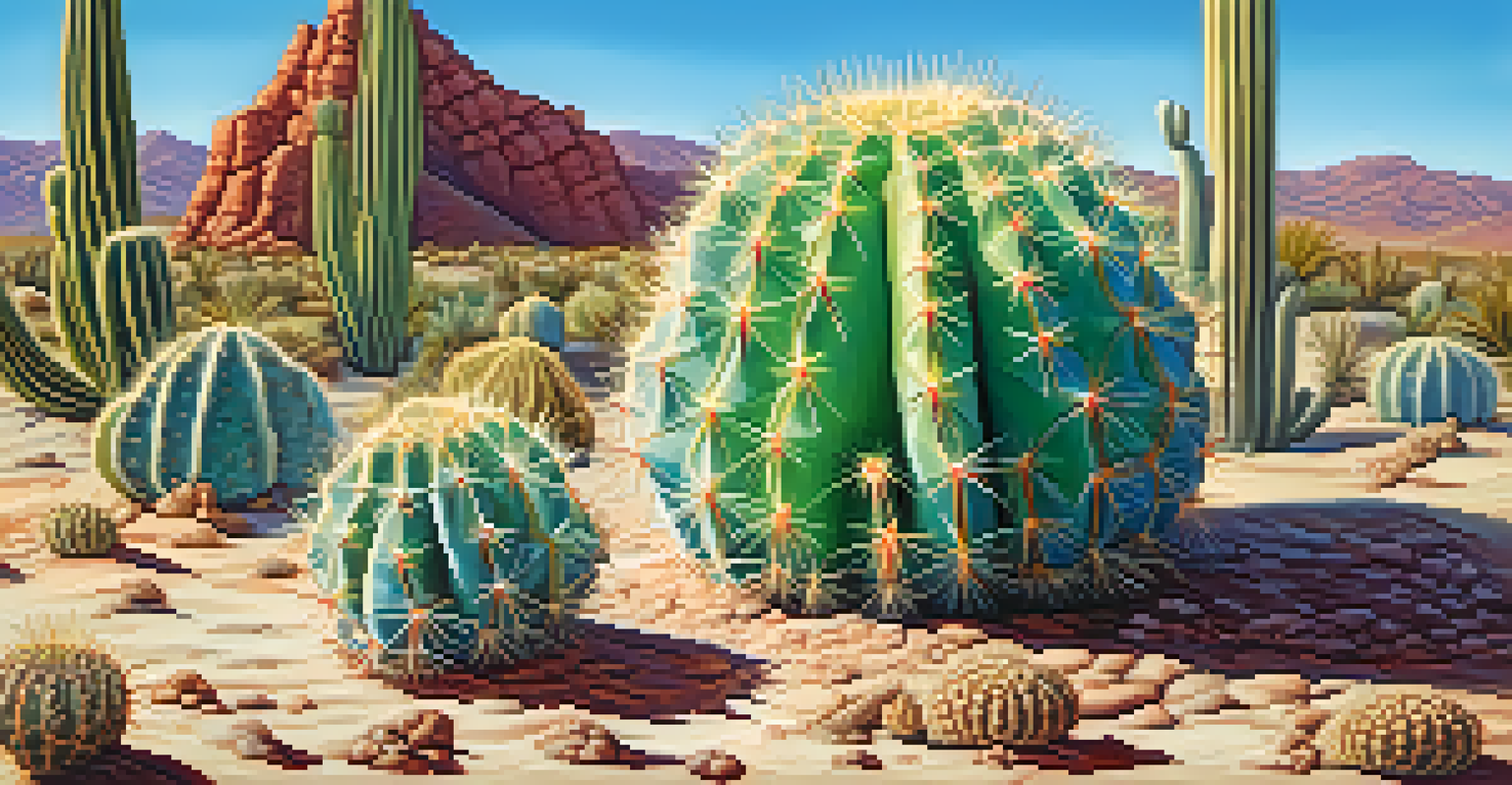 A detailed close-up of a peyote cactus in the desert, showcasing its textures and vibrant colors under a clear blue sky.