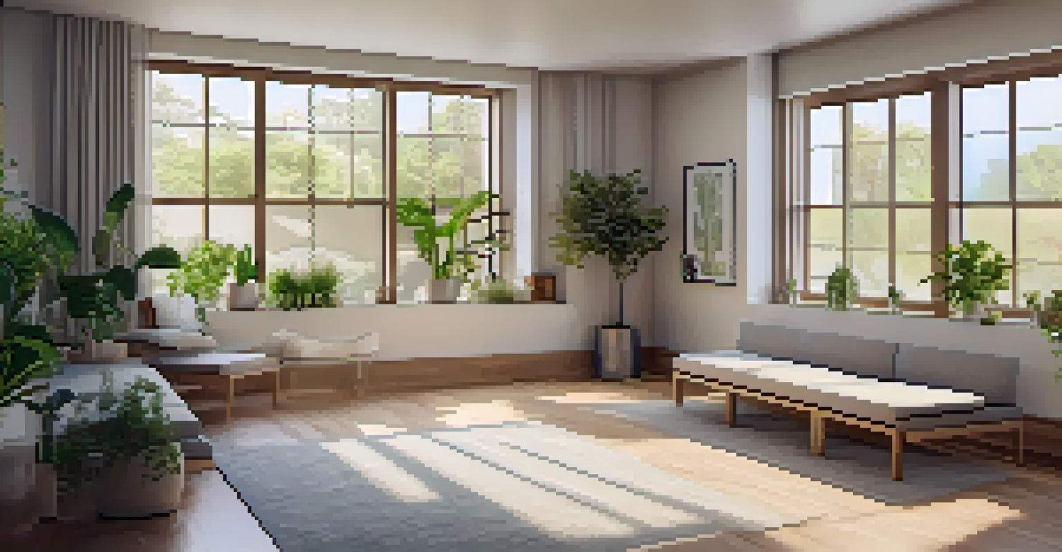 A therapy room with soft lighting, comfortable seating, and plants, creating a calming atmosphere.