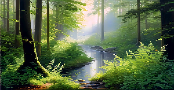A peaceful forest at dawn with mist, sunlight filtering through trees, and a small stream.