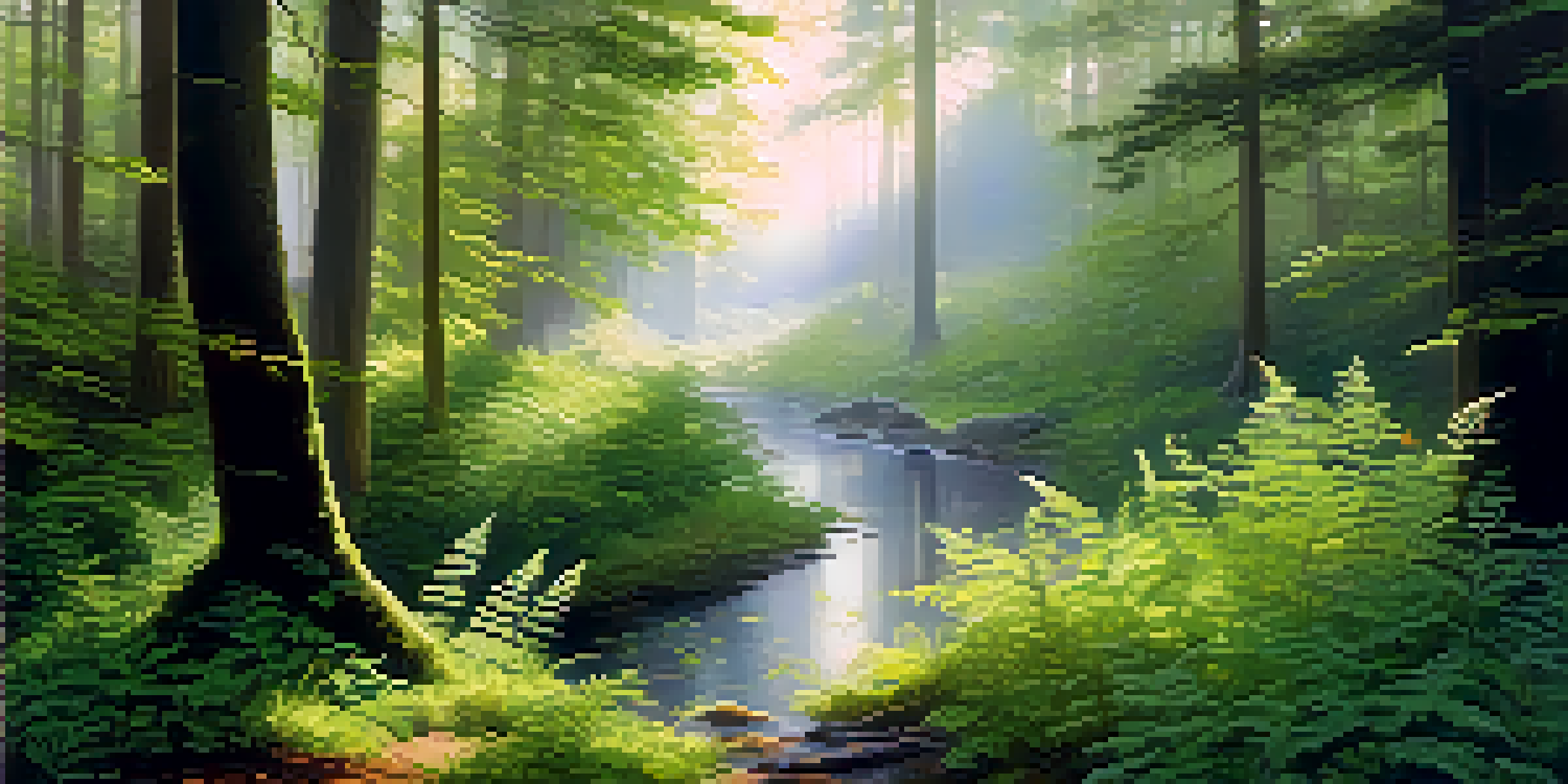 A peaceful forest at dawn with mist, sunlight filtering through trees, and a small stream.