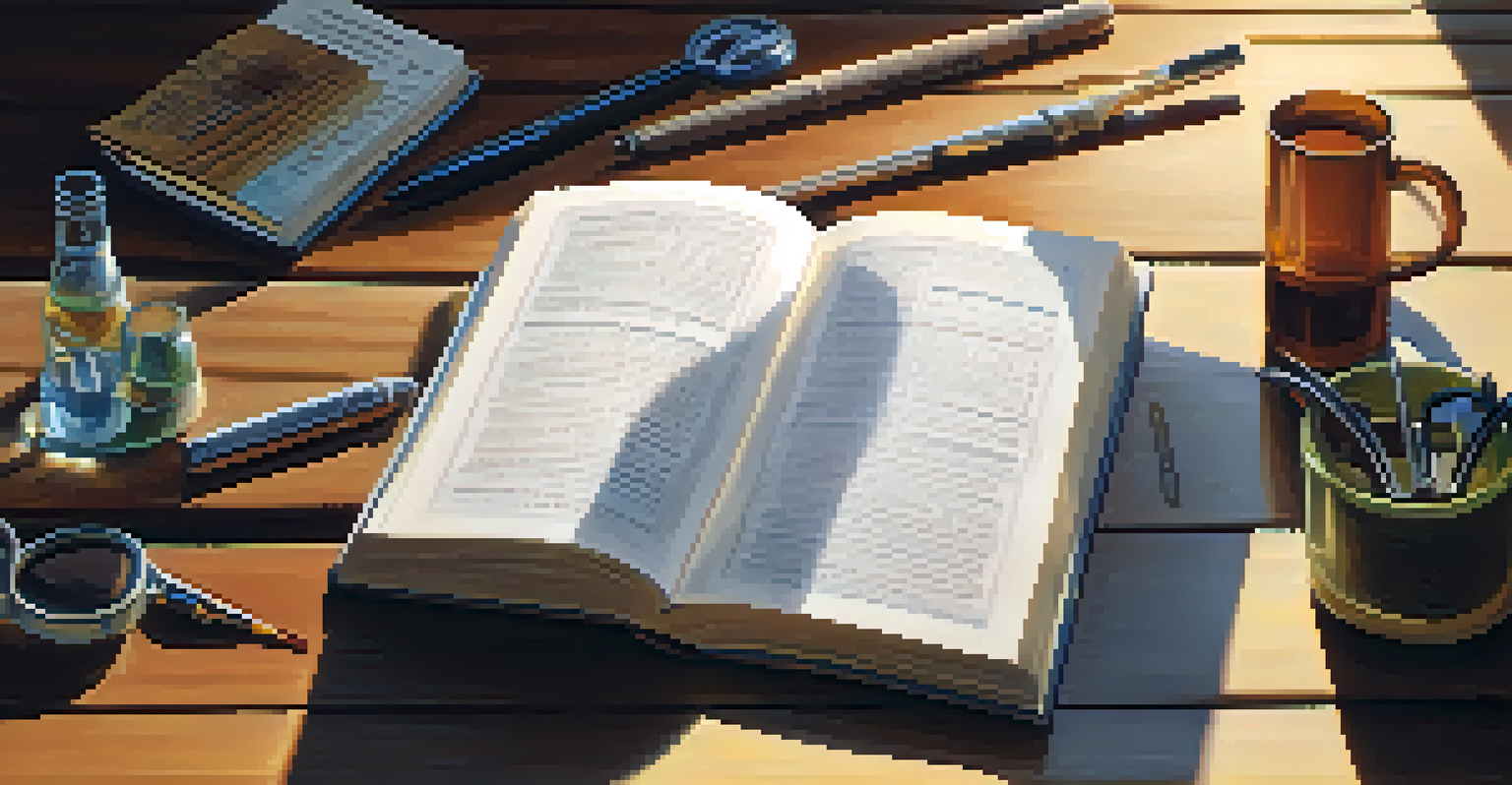 A close-up of an open book about hallucinogens on a wooden table, surrounded by critical thinking tools.