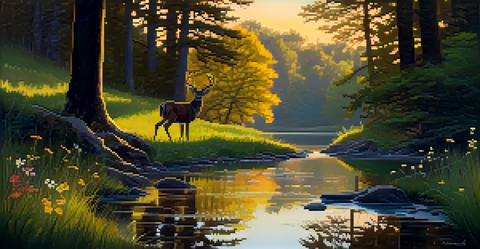 A peaceful forest scene at dusk with a stream and wildflowers, bathed in golden light.