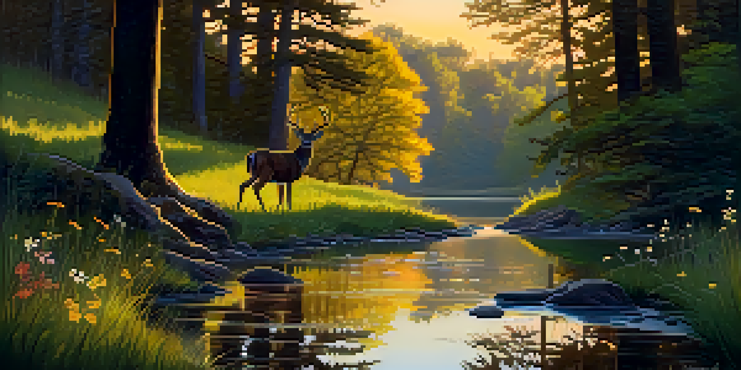 A peaceful forest scene at dusk with a stream and wildflowers, bathed in golden light.