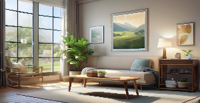 An inviting therapy room with soft lighting, a couch, calming artwork, a window, a potted plant, and a notebook.