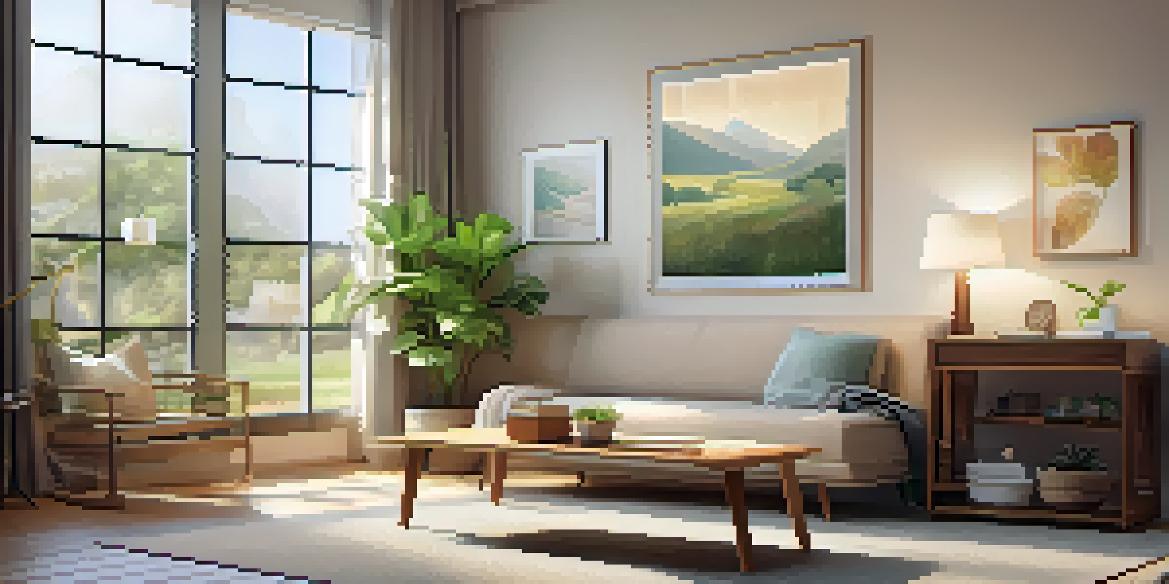 An inviting therapy room with soft lighting, a couch, calming artwork, a window, a potted plant, and a notebook.