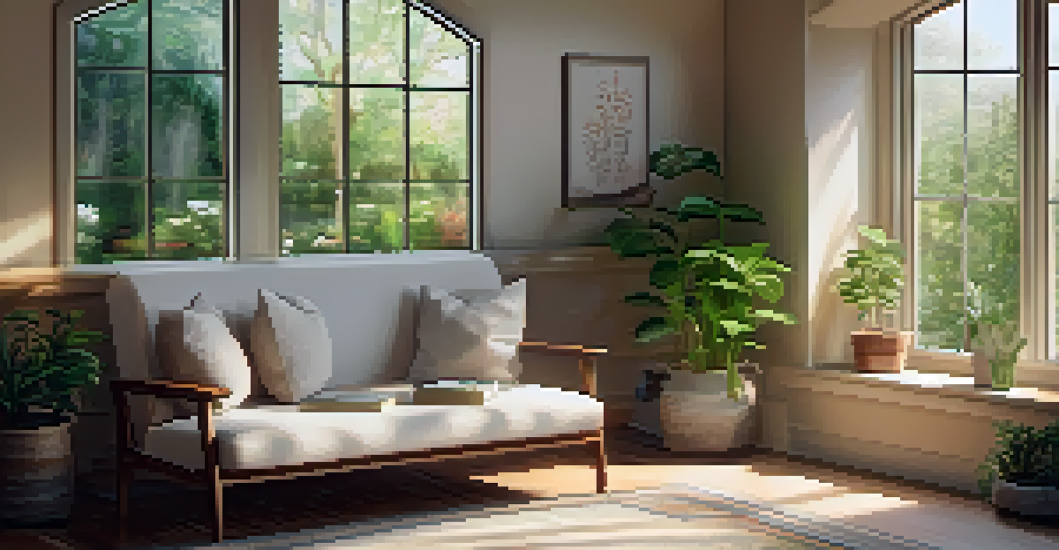 A cozy therapy room with comfortable seating, warm lighting, and a view of a peaceful garden, decorated with plants and crystals.