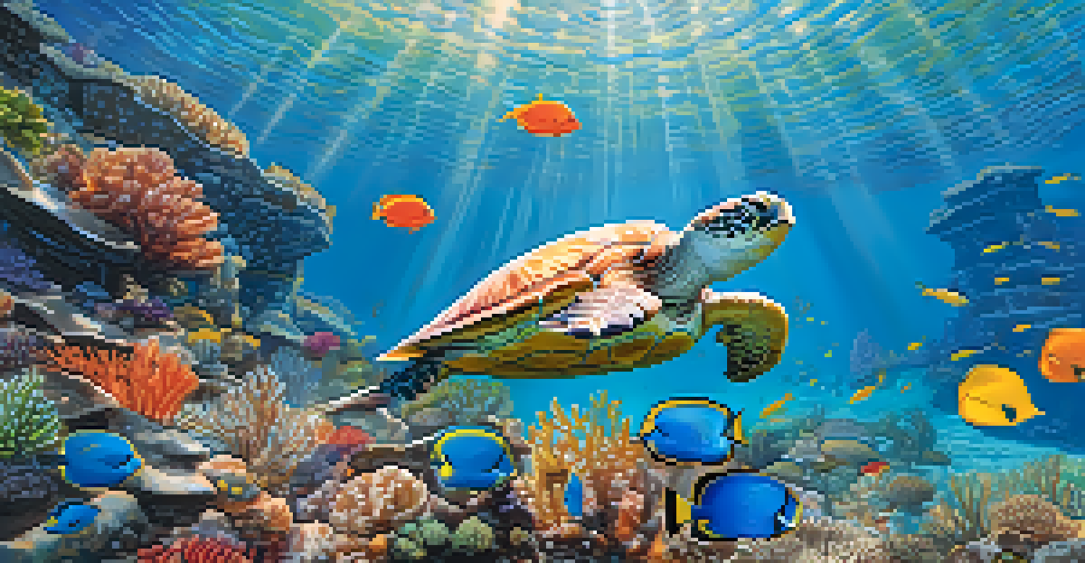 A colorful coral reef underwater scene with fish, sunlight, and a swimming sea turtle.