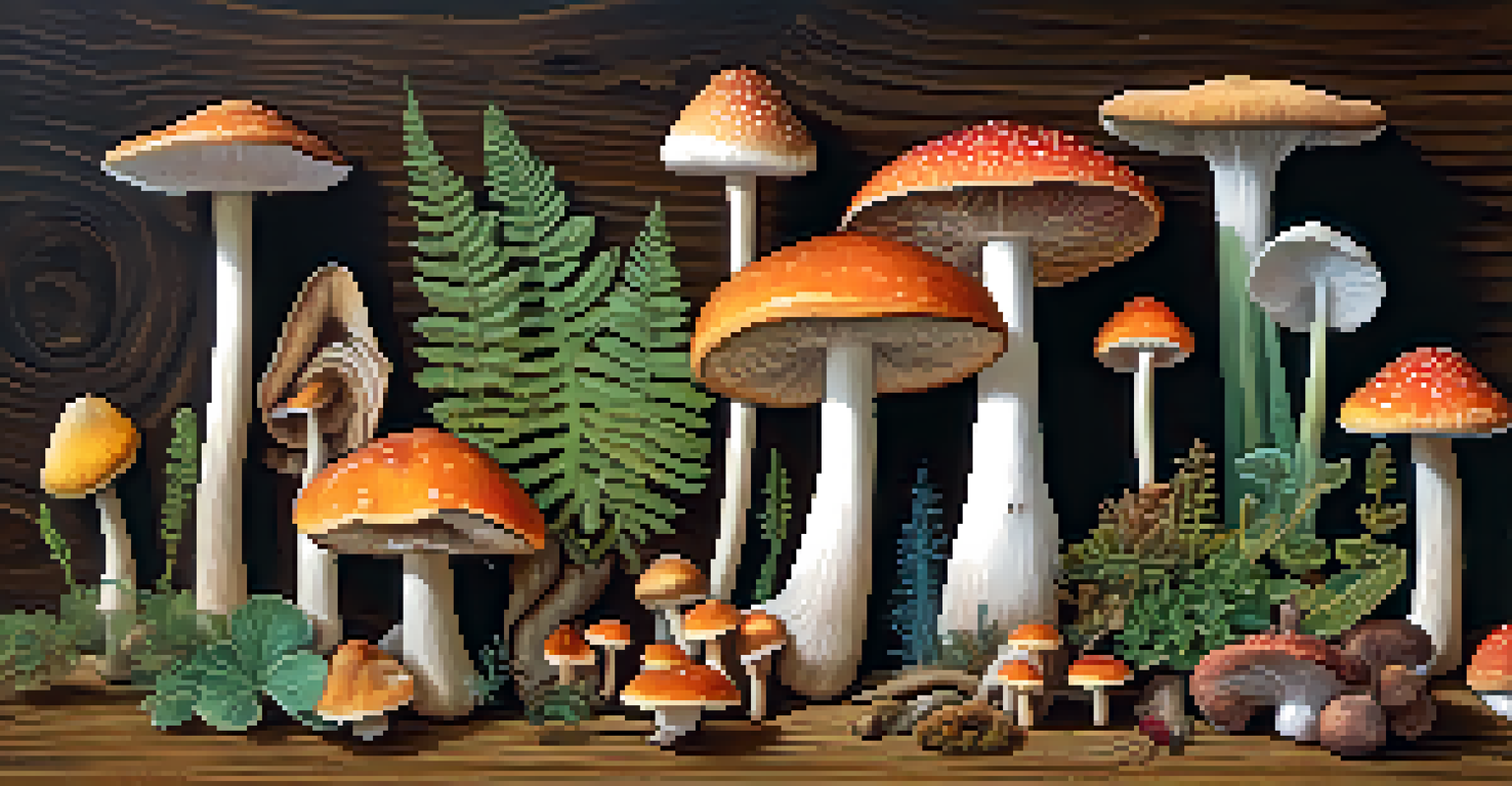 A close-up view of various psychedelic plants and mushrooms displayed on a rustic wooden table.