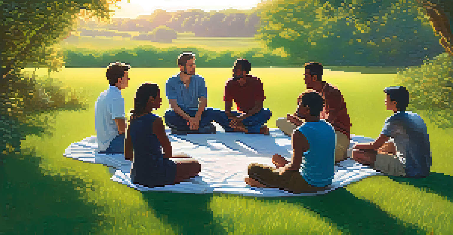 A diverse group of people sitting in a circle on grass, engaged in conversation with a sunset background.