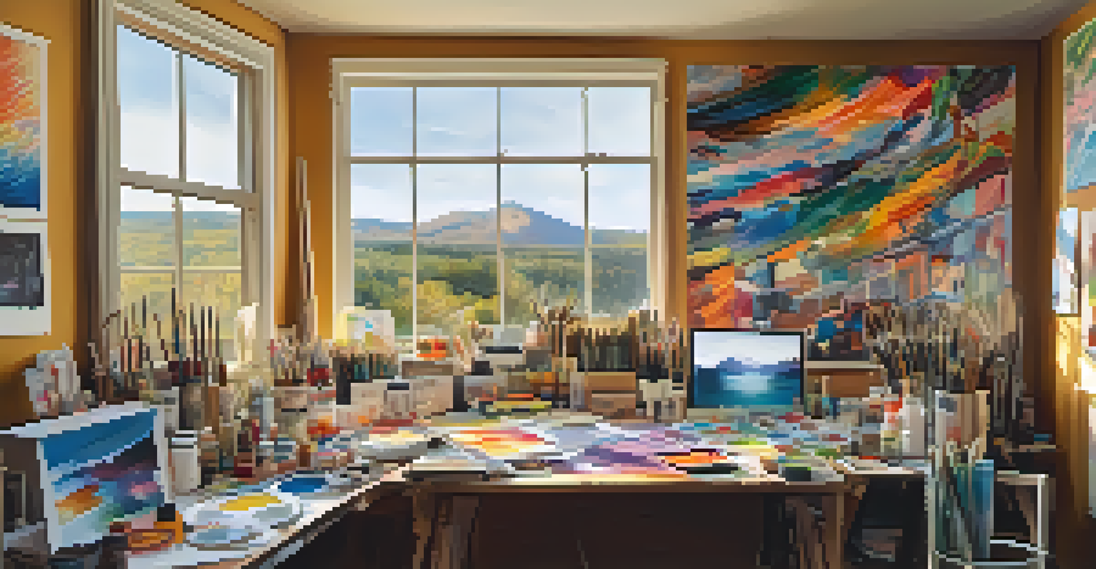 An artist's workspace with colorful paints, brushes, and a bright canvas in a well-lit room filled with artwork.