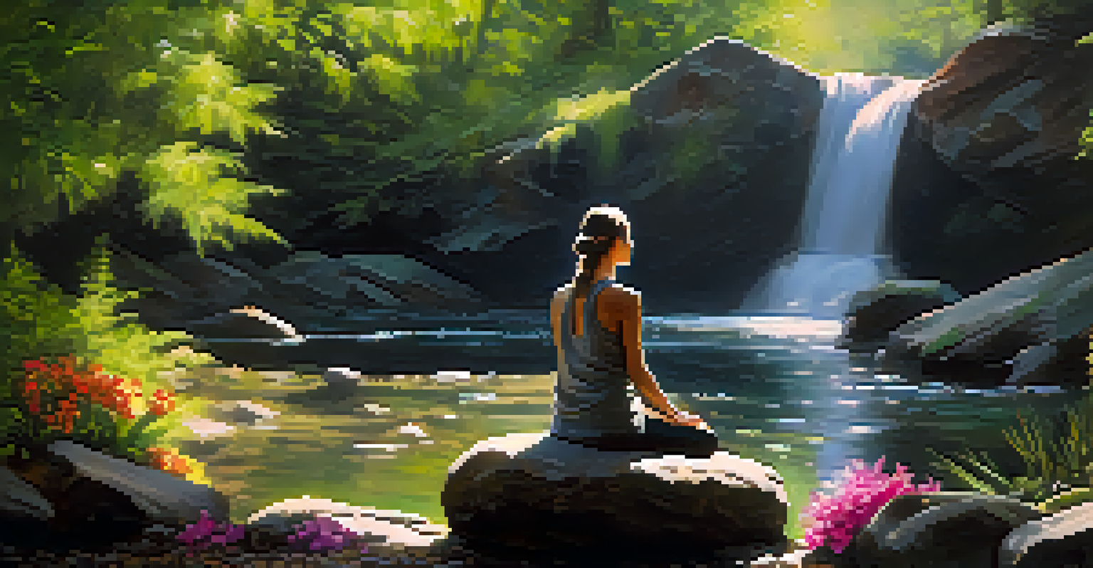A person meditating peacefully in nature with sunlight and a flowing stream nearby.