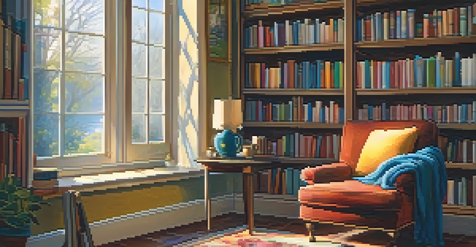 A cozy reading nook with bookshelves, an armchair, a cup of tea, and soft light from a window.
